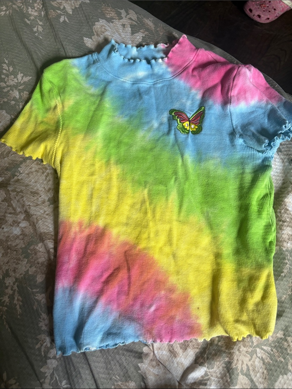 Girls' Short Sleeve Tie-Dye Butterfly Tee - Multicolor with butterfly rain